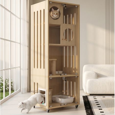 Casa mobile per gatti con porta in vetro, serratura, gattaiola e ruote 60x50x156 cm OKWISH (1/5)