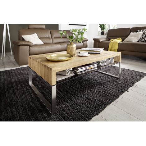 Table basse en chêne noueux avec pieds en acier brossé - L70 x H39 x P70 cm -PEGANE-