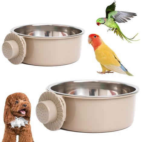 Lot de 2 gamelles en acier inoxydable pour oiseaux, mangeoires, bols à eau, mangeoires à suspendre, mangeoires pour oiseaux, perroquets, accessoires de cage à oiseaux (gris) (1/4)