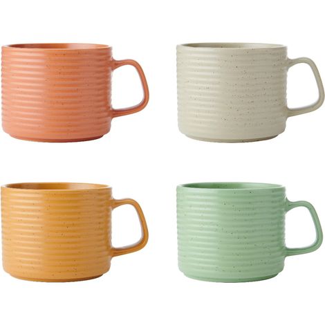 KitchenCraft Idilica Tassen de Gres stapelbar, Set de vier de stapelbare Kaffeetassen, mehrfarbig, 400ml de Fassungsvermögen, spülmaschinen- und mikrowellenfest