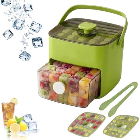 Machine à glaçons à ouverture rapide 48 cubes, plateau double couche en ABS avec bac de rangement, couvercle et pinces pour bar à domicile, bureau, cocktails, café, whisky (1/5)