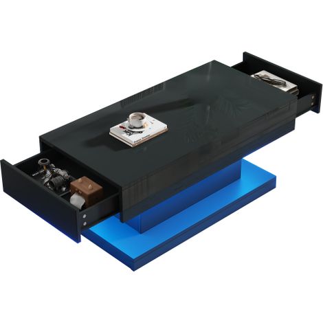 Table basse noire 100x50x45cm,2 tiroirs haute brillance avec éclairage LED