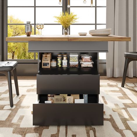 Table à manger extensible (110-140 x 80 cm), table de cuisine repliable pour 4-6 convives, table escamotable gain de place, avec 3 étagères, noir, idéale salon et cuisine (1/5)