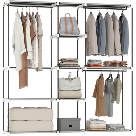 Armoire de rangement pour vêtements (182 x 43 x 185 cm) — Armoire ouverte dotée de 8 étagères en tissu, d'une tringle à vêtements et d'une structure métallique gris clair. spacieux et fonctionnel.