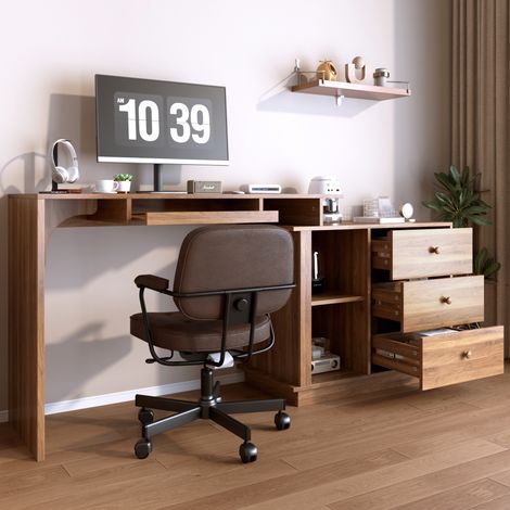 Scrivania allungabile porta computer 110x40x75.5cm con tastiera estraibile e 3 cassetti - Tavolo da lavoro salvaspazio per studio e ufficio mdf - Noce (1/5)