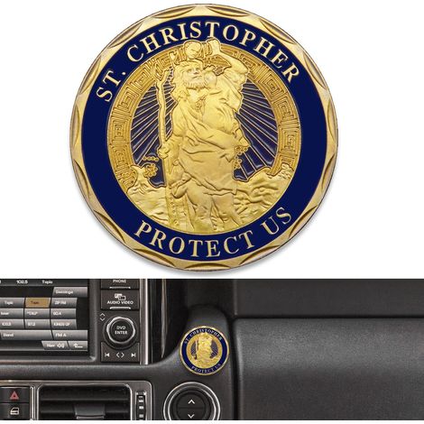 Plaques de Voiture Ø 4cm Médaille Protège-Nous Reviens en Bonne Santé Cadeau avec 1 Aimant en Fer et 3 Autocollants Double Face (Or) (1/5)