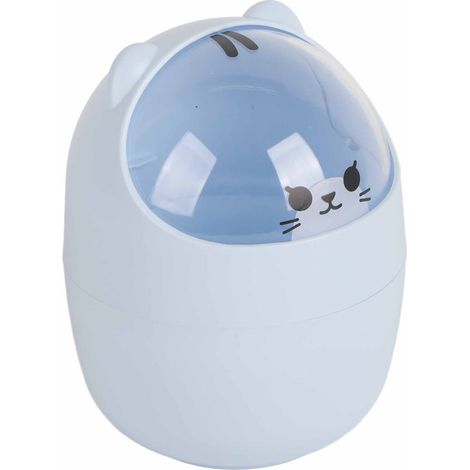 Mini poubelle de bureau, design mignon, grande ouverture, en plastique, avec couvercle amovible et bac à déchets bleu. (1/5)