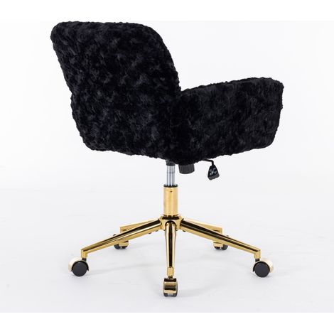 Chaise de bureau pivotante Modenuit avec revêtement en fausse fourrure de lapin, hauteur réglable, accoudoirs, base métallique dorée à roulettes (1/5)