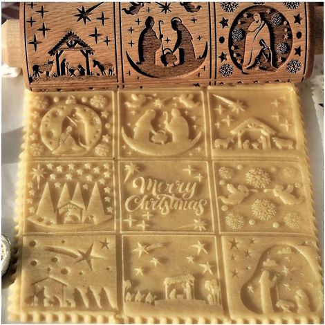 Rouleau à pâtisserie gravé de la Nativité, antiadhésif, en bois gaufré, pour biscuits et tartes (1/5)