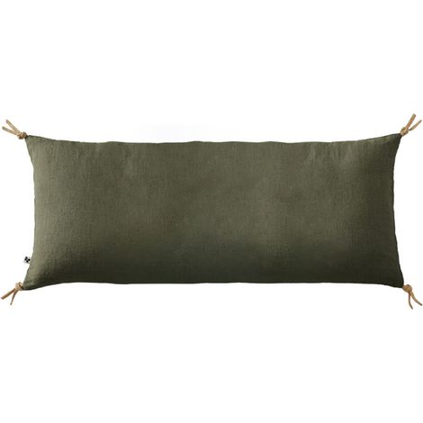 Coussin 55 x 110 cm en lin lavé vert avec 4 nouettes en jute - LUISA (1/5)