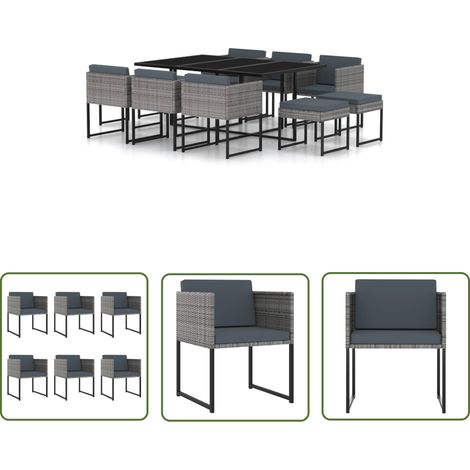 The Living Store 11-tlg. Garten-Essgruppe mit Kissen Poly Rattan Grau - Gartensessel - Gartenstuhl - Outdoortisch - Gartenmöbeln - Polyrattan (1/5)