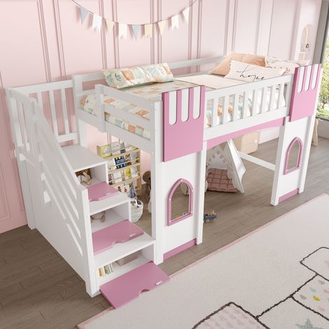 Lit mezzanine 90 x 200 cm avec escalier de rangement et fenêtre, blanc+rose (1/5)