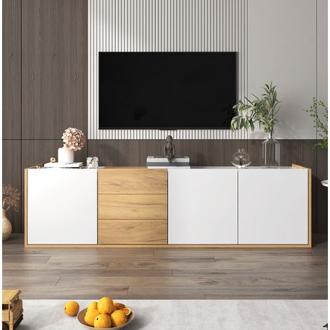 Mueble TV 171,5x35x47 cm de MDF blanco y madera con almacenaje integrado - MEUBLIV (1/5)