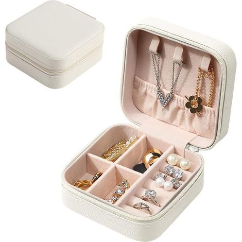 Ahlsen Petite Boîte à Bijoux pour Femme de Voyage en Cuir PU,Organisateur de Boîte à Bijoux Portable,Coffret à Bijoux pour Ranger Bagues/Bracelets,Blance (1/4)
