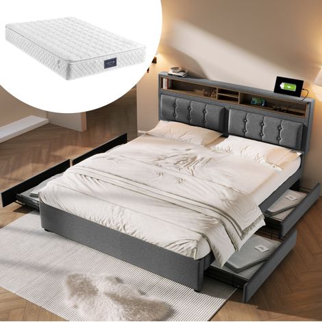 Bett 140x200 Stauraum Kopfteil verstellbar Grau HAVRYA (1/5)