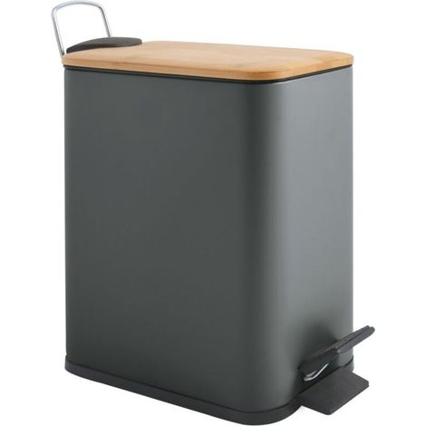 Spirella – Poubelle à pédale 5L en acier et bambou – Gris foncé mat – Mécanisme Easy-Close – Insert plastique avec poignée - ERIK 5 L (1/5)