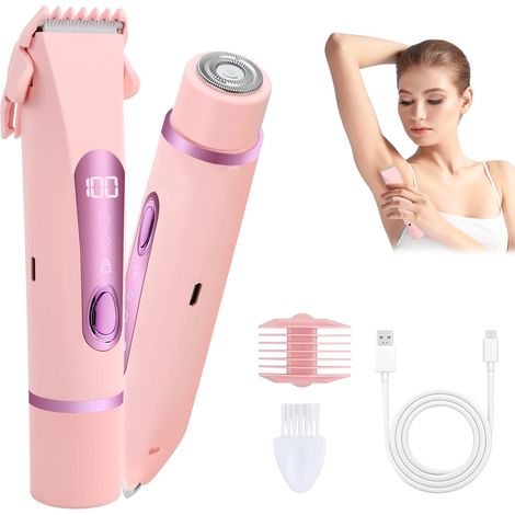 Women's Electric Shaver, 2 in 1 Women's Intimate Shaver, Women's Electric Shaver with LCD, Waterproof IPX7, Wet/Dry, Wireless, USB-C Rechargeable, for Face, Armpits, Legs, Arms (Pink) (1/5)
