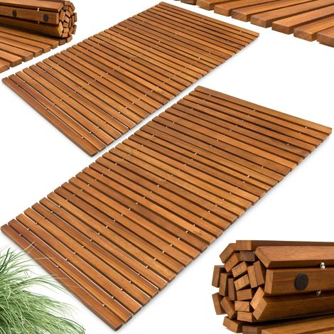 Deuba Set of 2 Wooden Bath Mats  Rectangular Duckboards  Luxury FSC® Certified Acacia Wood  Non Slip  Bathroom Spa Shower Sauna Steamer Mats  Bar Design  80 x 50cm