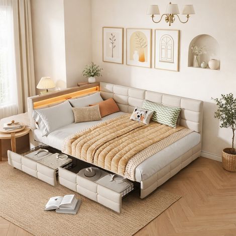 Lit adulte Lit de repos 140x200cm avec 2 tiroir de Rangement, Canapé Lit Rembourré avec LED et Prise USB Tpye-C, 2 Places, Lin beige (1/5)