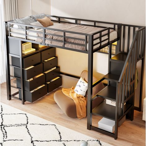 Hochbett 90x200 cm schwarz aus MDF und Metall mit 8 Schubladen, LED-Beleuchtung, Regalen und Treppe (1/5)