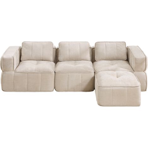 Modulares L-Sofa mit 3 Sitzen und 1 Hocker, beige Polyester (1/5)