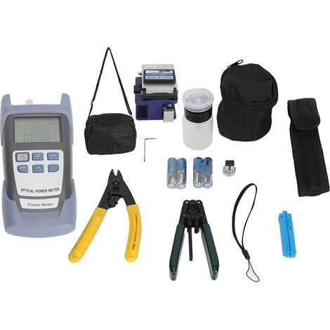 Kit d'outils de terminaison fibre optique avec puissancemètre, couteau de coupe, dénudeur et connecteurs à froid pour câble fibre (1/5)