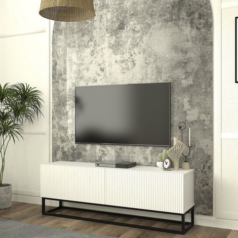 Mobile Porta TV Verpsboga a 2 Ante Decorative e Telaio Lungo in Metallo 135x32x47 cm - Bianco [en.casa]
