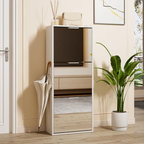 UEV Scarpiera con 3 Ante a Specchio, Armadietto Scarpe con Specchio Funzionale, Portascarpe da Ingresso, 50 x 23 x 121,5 CM, Bianco