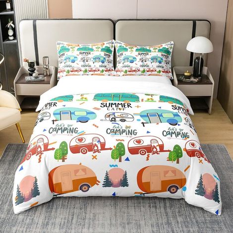 Bande Dessinée Camping- Voitures 100% Coton Housse De Couette 200x200cm Camping- Voitures Literie Set- Parure De Lit Femmes Vacances D'été Ensemble Lit - 200 x 200 cm + 2 taies d'oreiller 65 x 65 cm (1/5)