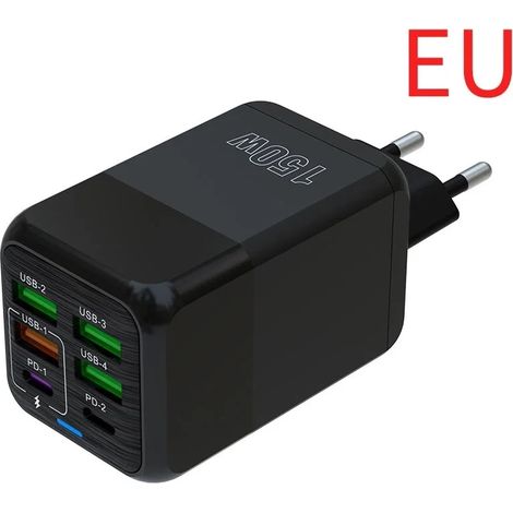 Chargeur mural ultra-rapide 150 W à 6 ports USB-C et D QC 3.0 pour iPhone, Samsung, Xiaomi, Huawei et OnePlus. Prise UE/US. (1/5)
