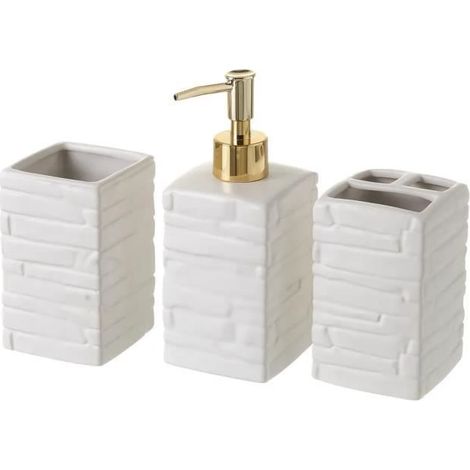Ensemble d'accessoires salle de bain - JUANIO - Set 3 pièces - Céramique - Blanc/Doré - Distributeur, porte‑brosses, gobelet (1/4)