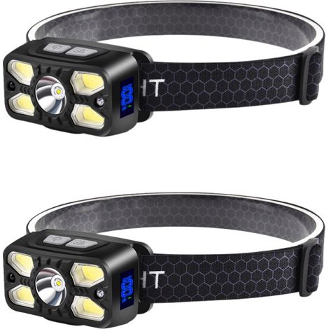2er-Pack extrem leistungsstarke 2500-lm-LED-Stirnlampen, USB-C-wiederaufladbar, mit Leistungsanzeige, 7 Leuchtmodi, 45° verstellbarer Winkel, ideal für Camping und Notfälle (1/5)
