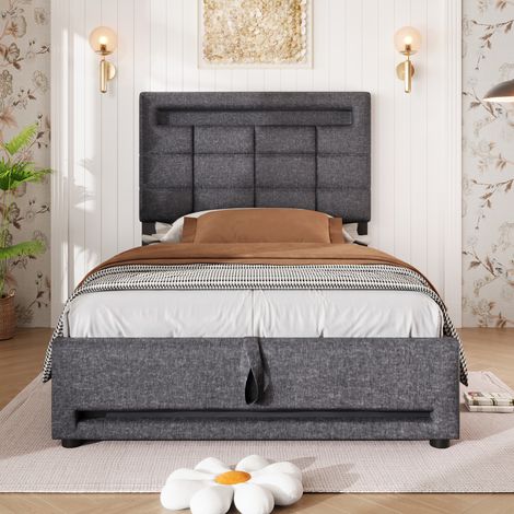 Lit rembourré 90200cm, télécommande via application, avec éclairage LED, rangement hydraulique, sans matelas, avec prise USB, lin, gris (1/5)