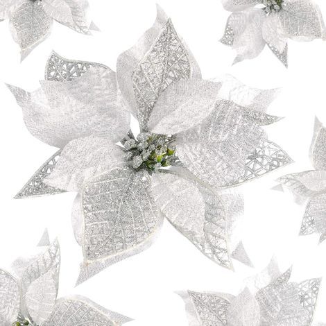 12 Pièces Artificielles Fleurs de Noël Poinsettia Glitter Ornement Fleurs Etincelantes de Noël Paillettes Fleurs (Argenté) (1/5)