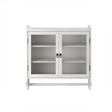 CAIziArmoire murale vintage à double porte vitrée de 60CM, avec trois niveaux de rangement et porte-serviettes, pour salle de bain, cuisine et salle à manger, blanc blanchi (1/5)
