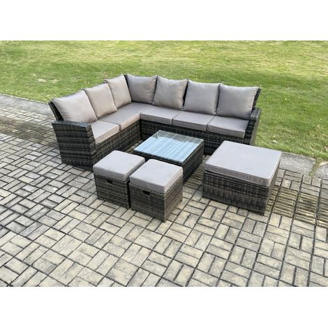 Fimous Rattan Gartenmöbel-Set Outdoor Lounge Ecksofa Set mit Quadratischer Couchtisch 3 Fußhockern 9 Sitzer Dunkelgrau gemischt