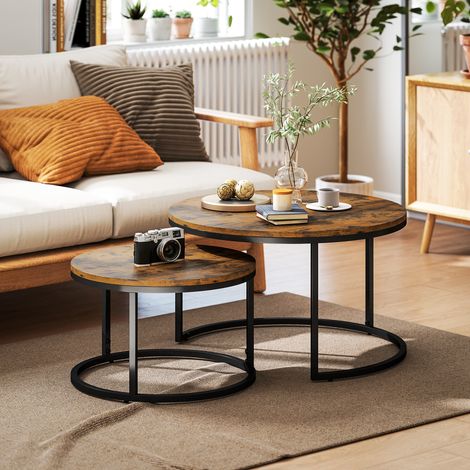 Lot de 2 tables basses gigognes empilable design industriel plateau imitation ciment pieds en métal brun rustique (1/5)