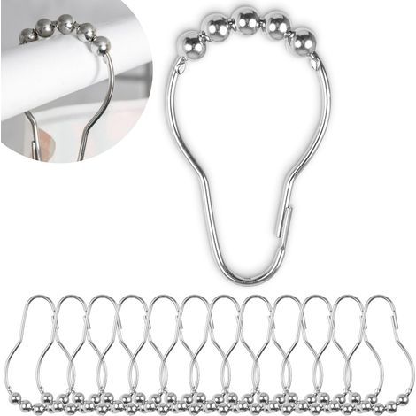 12 - Anneaux de douche - Crochets de rideau - Métal robuste pour tiges Ø 2-4 cm - Glissement silencieux - Salle de bain - Argent - 7x3,9cm (1/5)