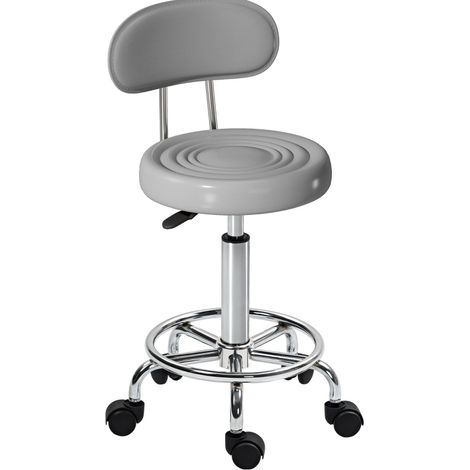 Taburete con ruedas giratorio y ajustable con respaldo y reposapiés, gris (1/4)