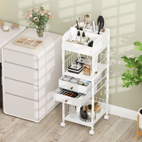 Organisateur de Maquillage Chariot de Rangement avec Tiroirs Étagères Roues Support de Présentation Outils de Coiffure Blanc (1/2)