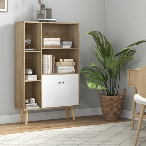 Bibliothèque scandinave meuble de rangement dim. 80L x 23.5l x 123H cm 5 niches placard 2 portes pieds effilés inclinés (1/5)