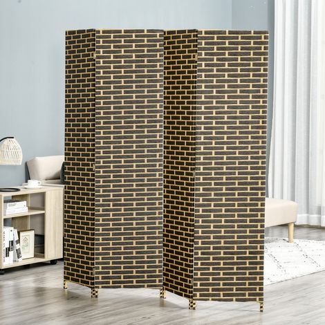 Paravent intérieur 4 Panneaux Pliables 180L x 180H cm séparateur de pièce Bois de peuplier Fibres de Papier tressée Chocolat Paille