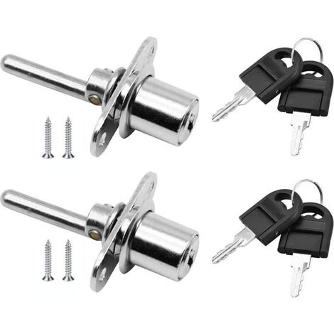 Lot de 2 verrous de tiroir avec clé pour meubles, verrou à piston pour classeurs, vitrines, diamètre 16 mm, longueur 61 mm (argent)