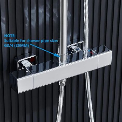 Miscelatore termostatico per doccia con 2 uscite, rubinetto doccia quadrato a parete, uscita superiore 3/4" BSP (26,4 mm) e uscita inferiore 1/2" BSP (21 mm), finitura cromata. (1/5)
