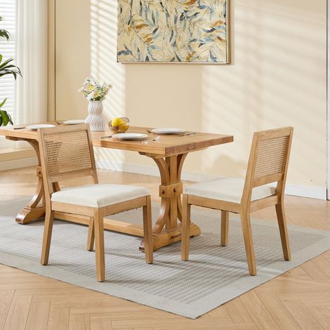Set di 2 sedie da pranzo in rattan stile farmhouse, sedie moderne per cucina e sala da pranzo con schienale in rattan intrecciato e struttura in legno massello naturale, beige