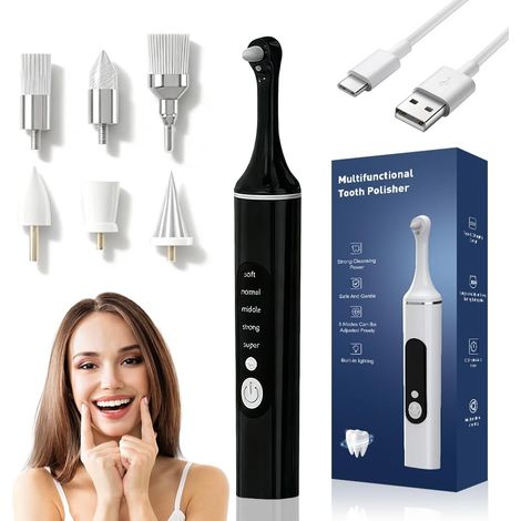Kit de blanchiment des dents, éliminateur de tartre avec 5 têtes, polisseuse dentaire avec 5 modes pour nettoyage des dents et blanchiment des dents, polissage après le nettoyage des dents (noir) (1/5)