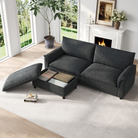 Canapé d'angle modulable Cloud, canapé confortable pour le salon, design moderne avec assise profonde, 1 repose-pieds amovible, dossier haut, noir (1/5)