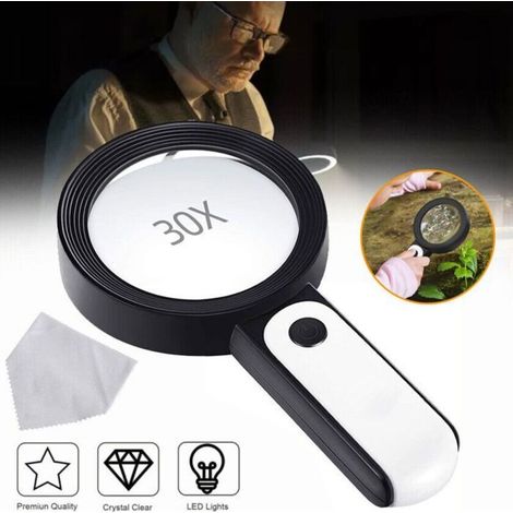 Loupe 18 LED loupe à main avec lumière loupe 30x, loupe de lecture pour seniors