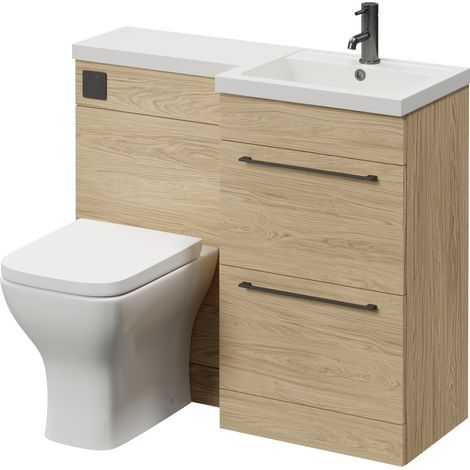 Napoli 390 Light Oak 1000mm 2 Drawer Vanity Unit Toilet Suite with Right Hand Square Lucia Basin - 1000mm - Gunmetal Grey 320mm HandleWith Kingston Toilet Pan and Seat
