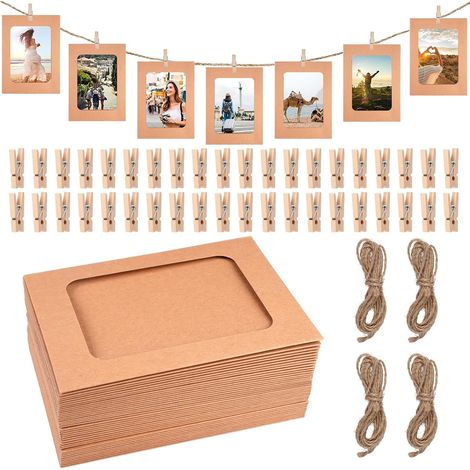 15x10cm Cadre Photo Carton avec 40 Pièces Clips et 8m Corde de Chanvre, 40 Pièces Cadre Photo à Suspendre Marron Cadres Photo en Papier Kraft, DIY Kraft Cadre Photo en Papier, pour Décoration Murale (1/5)